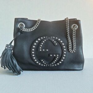 Gucci Black Soho Chain Leather Bag, Silver GG Studs, Pristine Condition